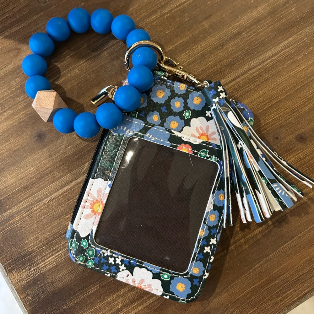 Floral Card Holder Wallet Wristlet Blue Silicone Beaded Keychain Tassel Keychain